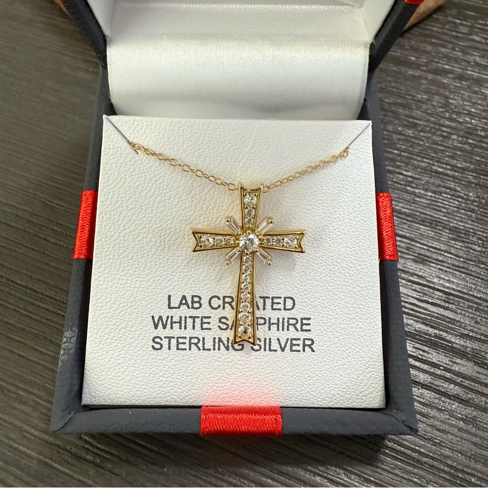 Gold and Silver Cross Necklace with White Sapphire